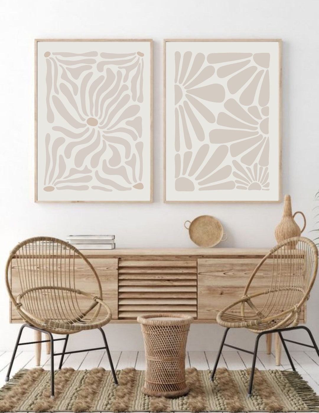 Neutral Wall Art Set of 2 Prints, Boho Flower Print, Beige Abstract Minimalist Organic, Beige