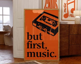 Impresión de música de casete retro, decoración vintage en negro y naranja (descarga digital)