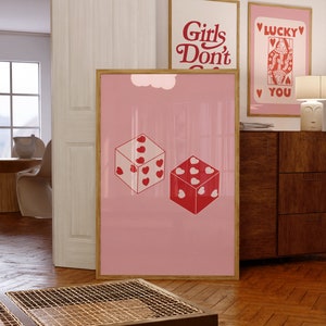 Dés coeurs de la chance roses impression téléchargement numérique Art mural rétro rose déco de chambre preppy affiche de dés rose esthétique estampes tendance As de coeur
