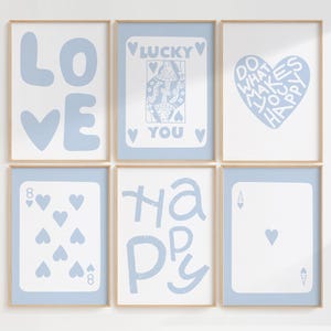 Blue And White Trendy Set Of 6 Prints, Light Blue Preppy College Dorm Prints, Retro 70s Posters, Aesthetic Apartment Decor, Lucky You Poster