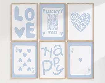 Conjunto de 6 láminas modernas en azul y blanco, láminas azul claro para dormitorios universitarios, pósteres retro de los 70, decoración estética para apartamentos, póster "Lucky You"