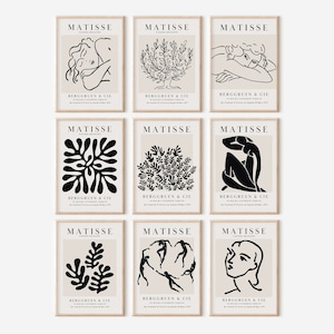 Juego de 9 impresiones negras de Henri Matisse, póster de exposición, impresión de arte mural de galería famosa, arte para dormitorio y sala de estar, decoración de pared, descarga digital