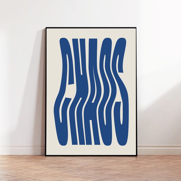 Blue Chaos Print, Typography Print, Digital Print, Modern Art, Quirky Poster Print, Retro Wall Print, Minimalist Print, 70s Trendy Print