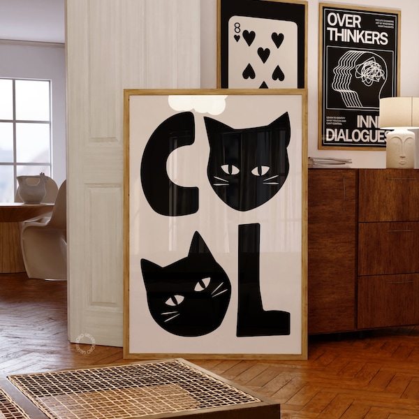 Black Cat 'COOL' Art Print, Funny Retro Poster (Digital Download)