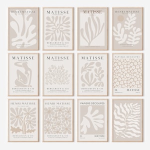 May include: A set of nine minimalist art prints featuring abstract cut-out designs by Henri Matisse. The prints are in a beige colour scheme with white cut-out shapes. The prints are titled "Papiers Découpés" and feature the artist's name and signature.