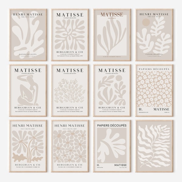 Set of 12 Beige Abstract Matisse Prints, Minimalist Organic Modern Prints, Gallery Wall Set, Neutral Print Set, Earth-Tone Home Decor
