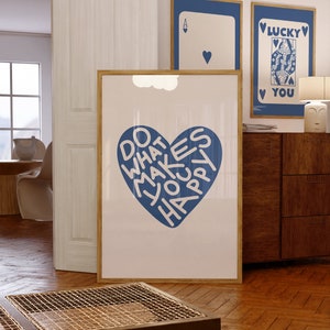 Blue Heart Print Retro Trendy Wall Art Blue Preppy Room Decor Apartment Aesthetic Beige Blue Funny y2k Dorm Gallery Bar Cart Art Blue Art