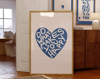 Blauw hart print retro trendy muurkunst blauwe preppy kamer decor appartement esthetiek beige blauw grappig jaargang galerij bar kar kunst blauwe kunst