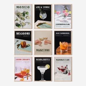 Decoración de carrito de bar, 9 impresiones de cócteles, arte de pared retro, impresiones de carrito de bar modernas, impresiones minimalistas de alcohol, arte de pared de cócteles clásicos.