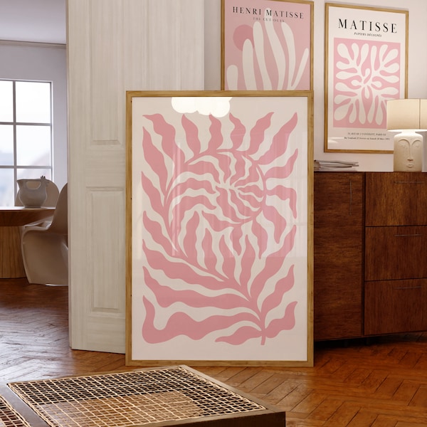 Blush Pink Leaf Print, Modern Gallery Wall, Flower Market Print, Mid Century Wall Art, Henri Matisse Corals, Exhibition Art, Digital Print