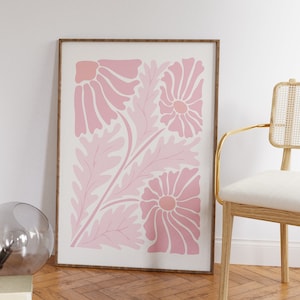 Arte mural con flores retro rosas, impresión botánica abstracta, arte mural colorido, descarga digital, arte mural retro con estilo, arte mural retro de los años 70