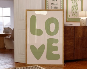 Sage Green LOVE Print: Retro Minimalist Wall Art (Digital Download)