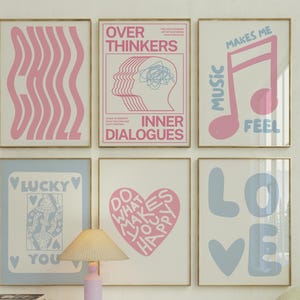 Juego de 6 impresiones estéticas de moda en rosa bebé retro para pared, póster preppy, decoración de apartamento universitario, decoración de habitación coqueta, póster de la suerte, arte de pared femenino