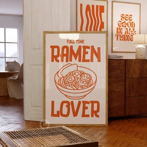 Cartel de ramen japonés, arte de pared amante del ramen, arte de pared de fideos, arte de pared de cocina naranja, arte de descarga digital, arte de comida trinacional japonesa