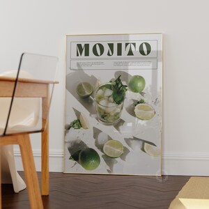 Mojito Print, Classic Alcohol Prints, Retro Cocktail Print, Exhibition Poster, Bar Cart Decor, Recipe Cocktail Printable Art, Mojito Poster
