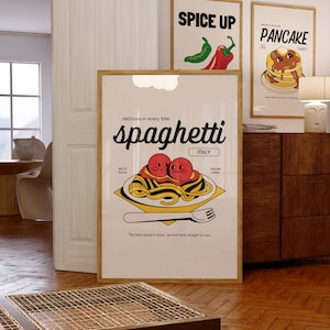 Ilustración de pasta, arte de pared, póster para amantes de la pasta, impresión de cocina, decoración de cocina estética de moda, arte de espagueti simple, dibujo gastronómico, archivo digital