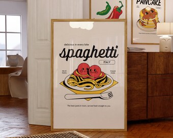 Illustratie print spaghetti pasta: trendy keukenmuurkunst (digitaal bestand)