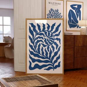 Affiche bleue de fleurs botaniques abstraites, grande impression d'art mural imprimable, minimaliste organique, téléchargement numérique, impression bleu et blanc, affiche bohème