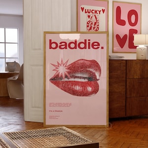 Baddie Lips Print, Kiss Lips Wall Art, Feminine Digital Poster, Red Pink Kisses Print, Trendy Wall Art, Retro Lips Poster, Pink Girly Print