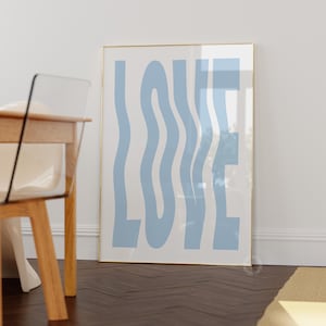 Blue Love Wavy Print, Digital Prints, Light Blue Wall Decor, Aesthetic Beach Preppy Girls Dorm Room, Trendy Posters, Art Prints Simple