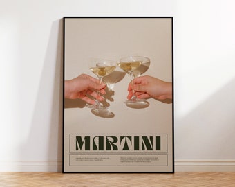 Cartel retro de cóctel con impresión de Martini seco, impresión de arte de carrito de bar, cartel de alcohol, arte minimalista, descarga digital, pared de galería imprimible de moda