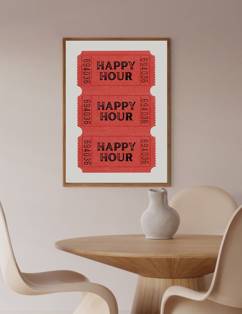 Happy Hour Ticket Print Bar Cart Decor Red Vintage Wall Art Trendy Retro Wall Art Aesthetic Prints Large Printable Art Download Dorm Decor image 8