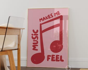 Plakat Retro Music, Estetyczny Różowy Wydruk Ścienny, Do Wydrukowania Cyfrowego, Y2K Dziewczęcy Wydruk, Modna Pastelowa Sztuka, Czerwono-Różowa Muzyka Wystrój Domu