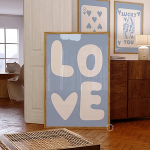 Blue Heart Print, Love Typography Art, Retro Trendy Wall Art for Preppy Rooms, Blue Aesthetic Prints for Dorms, Blue Retro Trendy Wall Art