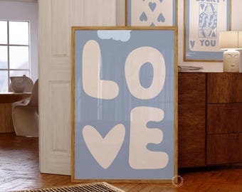 Impression coeur bleu amour : oeuvre d'art murale rétro BCBG pour dortoir (téléchargement numérique)