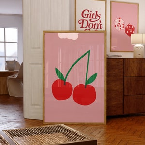 Póster de cerezas Impresión de cerezas Arte de pared de moda Arte de pared retro Descargar impresión Arte de pared de cerezas Decoración de pared preppy Impresión estética Póster rosa