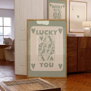 Lucky You, impression style rétro tendance, impression d'art mural vert sauge, affiche de carte as vert sauge, impression d'art mural vintage, art mural rétro, lot de 2