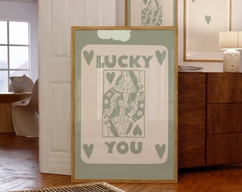Lucky You Print Trendy Retro Style Prints Sage Green Wall Art Sage Green Ace Card Poster Printable Vintage Wall Art Retro Wall Art Set Of 2