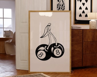 Retro 8 Ball Cherry Print: Vintage Kitchen & Bar Cart Art (Digital Download)
