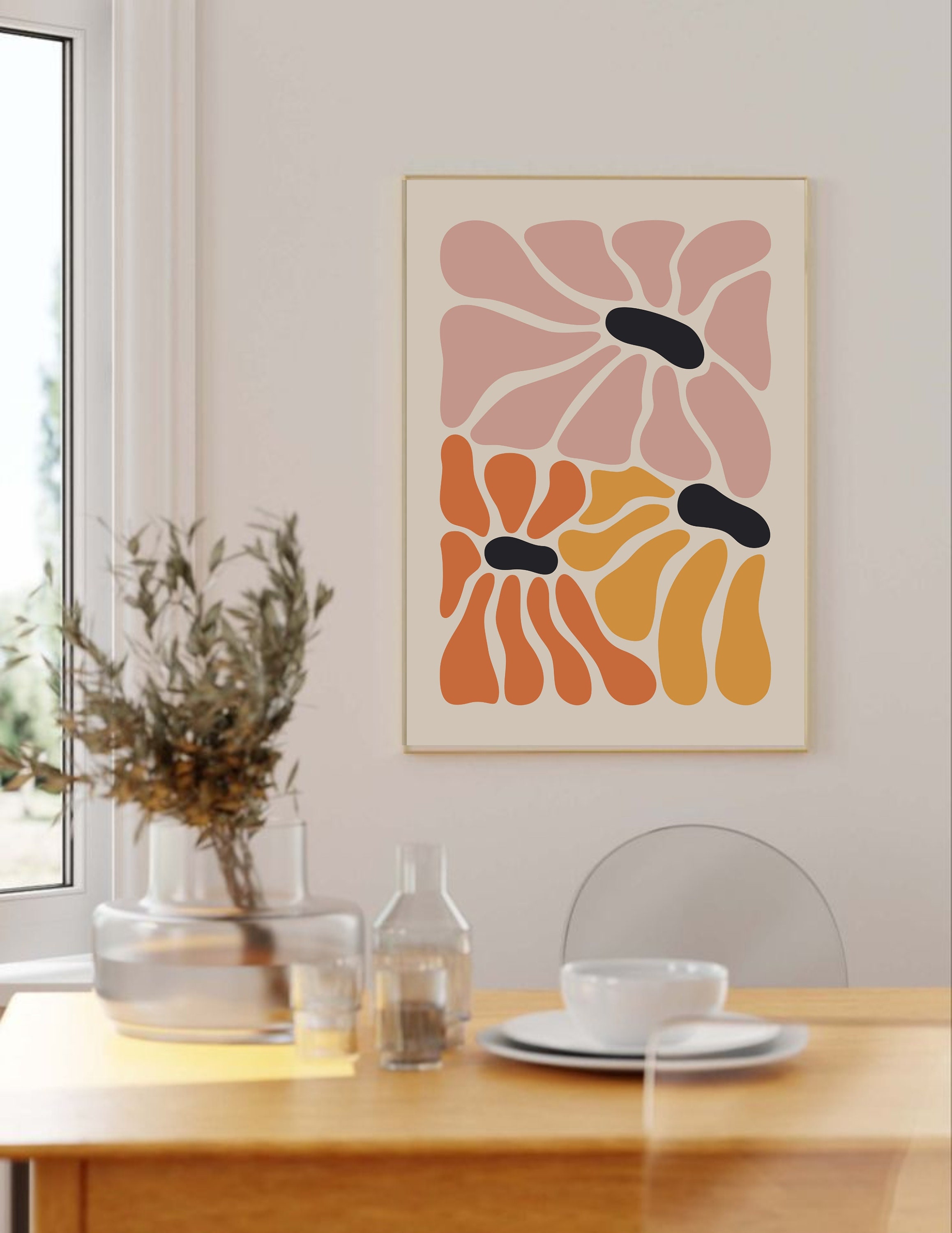Orange Flower Print, Cute Boho Dorm Room Art, 70s Style
