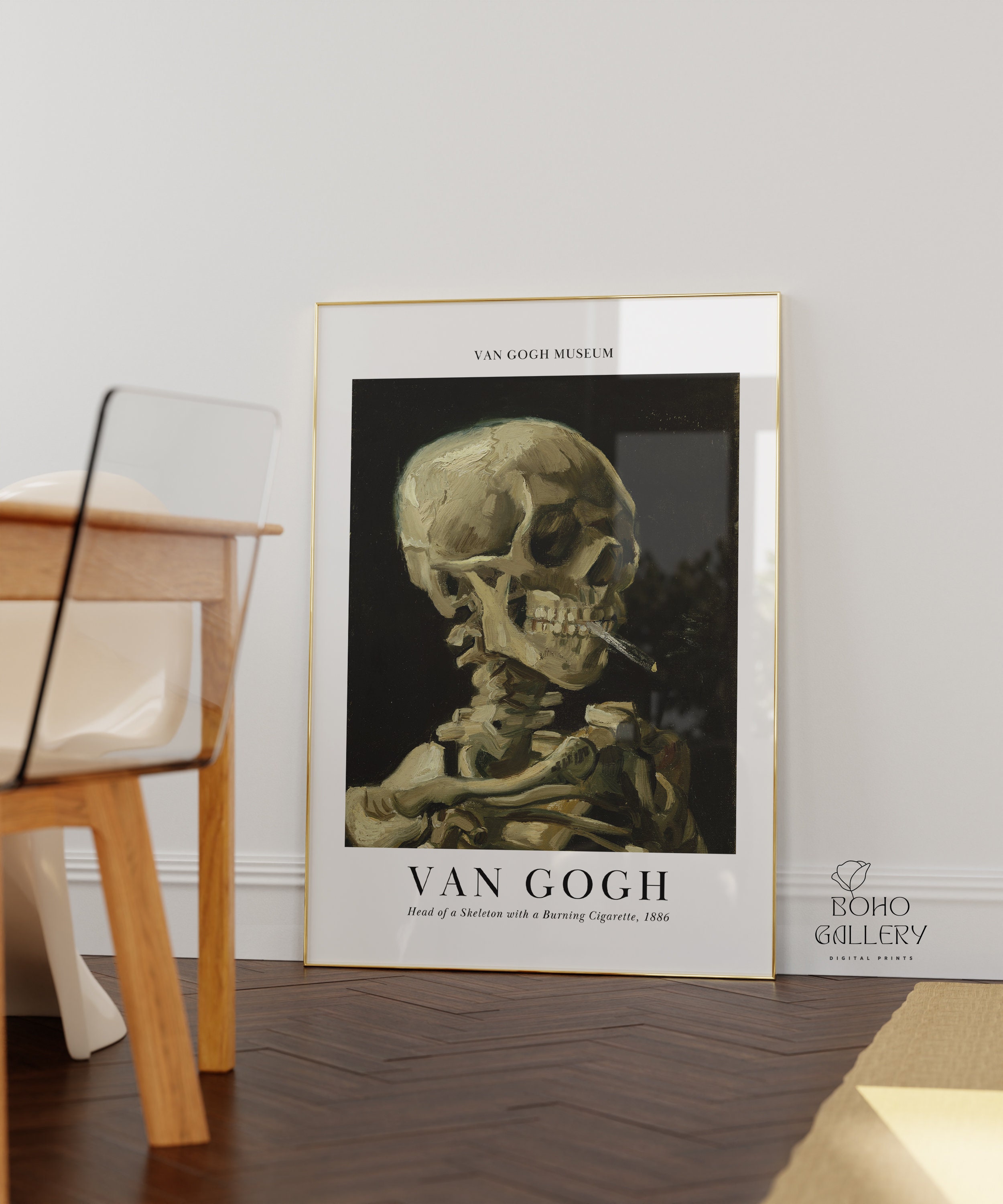 skull of a skeleton with a burning cigarette Skull of a Skeleton With Burning Cigarette | Vincent Van Gogh | Famous Art  | Classical Painting | Vintage Portrait Decor | Skull Art Print