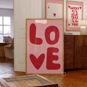 Póster de amor, arte mural moderno, impresión de pared de los años 70, póster preppy, impresión retro, arte de amor rojo, impresión tipográfica, póster maximalista, arte mural psicodélico