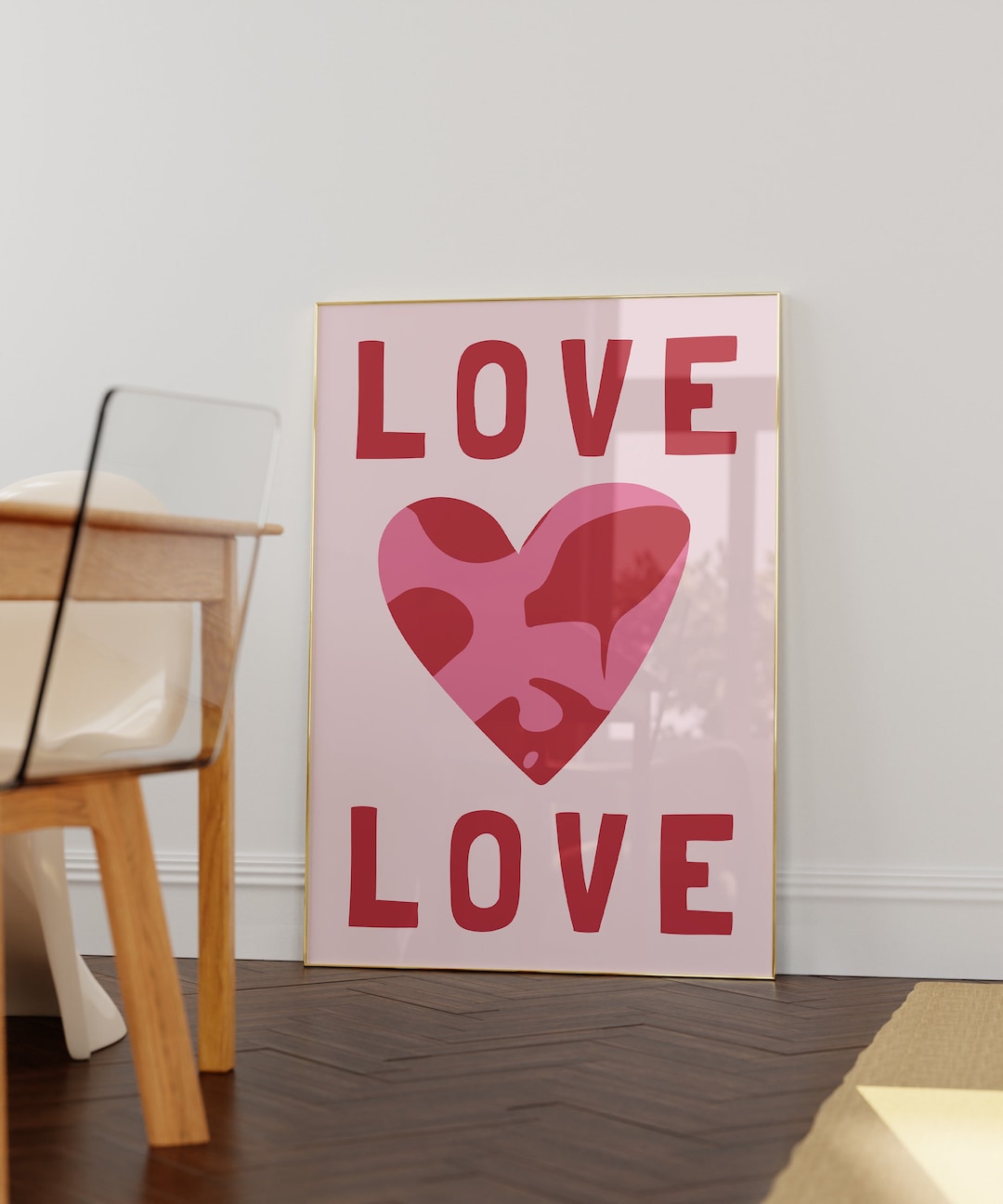Love Poster, Red Heart Wall Art, Trendy Retro Print, Typography Print