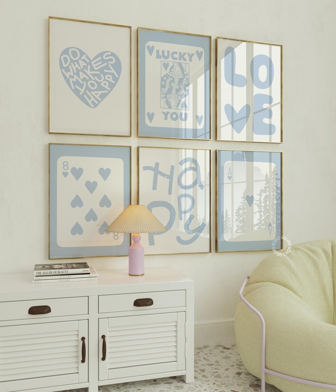 Light Blue Preppy Room Decor, Blue White Heart Print, Retro Trendy Wall ...