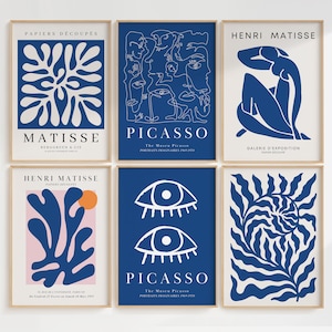 Juego de 6 láminas de arte mural Matisse azul marino, impresión bohemia azul, póster de la exposición Matisse, arte mural azul marino, láminas neutras, obra de Picasso