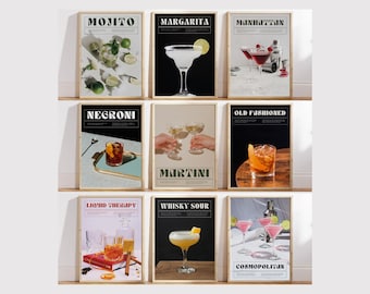 Conjunto de impresiones de cócteles, impresiones de carritos de bar, impresión de martini, arte mural de cócteles, arte mural de carritos de bar, impresiones de alcohol, conjunto de pared de galería, póster de cócteles retro