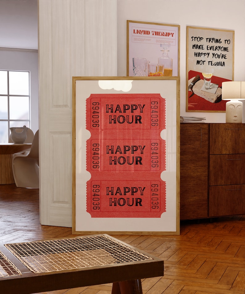 Happy Hour Ticket Print Bar Cart Decor Red Vintage Wall Art Trendy Retro Wall Art Aesthetic Prints Large Printable Art Download Dorm Decor image 7