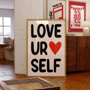 Impressão de amor, arte de parede com citação de amor retrô da moda, pôster de tipografia de dormitório, impressão de apartamento estética feminina, ilustração de coração de amor