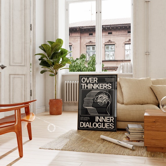 Overthinkers Trippy Art Print, Psychedelic Black Wall Decor (Digital Download)