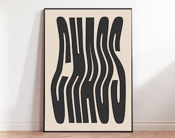 Póster de CHAOS negro con impresión ondulada, decoración de habitación estética imprimible grande, arte de pared monocromático de moda de los años 70, póster de estilo Bauhaus, tipografía Retro