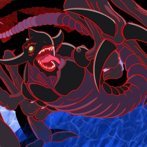 Pode incluir: Um monstro preto e vermelho com garras e dentes afiados, com um olho verde, é mostrado contra um fundo azul e vermelho.