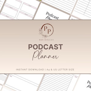 May include: A printable podcast planner in A4 and US letter size. The planner includes sections for podcast episode ideas, guest tracking, and a podcast planner.
