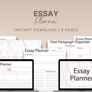 May include: A digital planner with a marble background and pink accents. The planner is designed to help students organize their essays. The planner includes sections for reference lists, peel paragraph organizers, and essay outlines.
