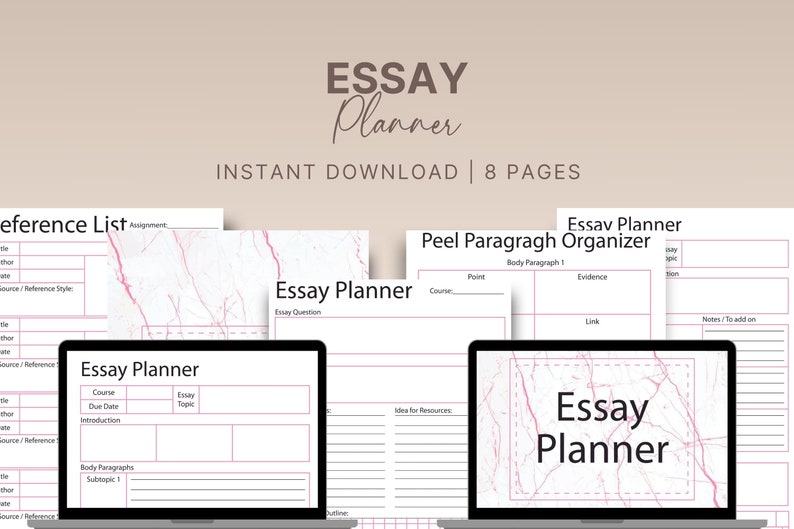 May include: A digital planner with a marble background and pink accents. The planner is designed to help students organize their essays. The planner includes sections for reference lists, peel paragraph organizers, and essay outlines.