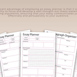 May include: Four printable essay planner templates with pink lines. The templates include sections for course, due date, essay topic, introduction, body paragraphs, subtopics, and conclusion. One template is a paragraph organizer with sections for body paragraph, evidence, and link.