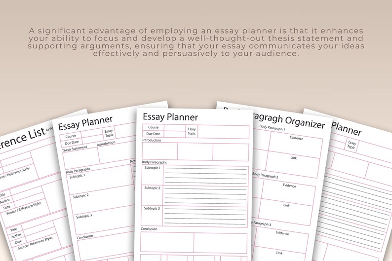 May include: Four printable essay planner templates with pink lines. The templates include sections for course, due date, essay topic, introduction, body paragraphs, subtopics, and conclusion. One template is a paragraph organizer with sections for body paragraph, evidence, and link.
